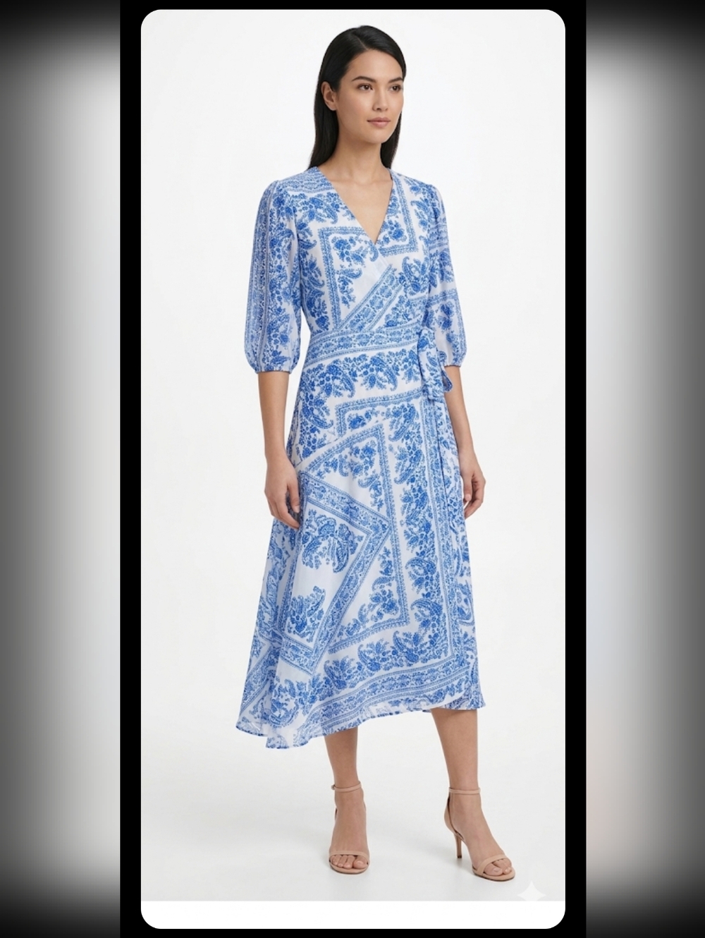 Calvin Klein Blue and White Midi Wrap  Dress,Size 8.
